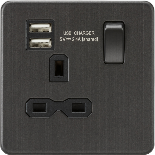 Knightsbridge MLA SFR9124SB Screwless 13A 1G switched socket with dual USB charger (2.4A) - Smoked Bronze