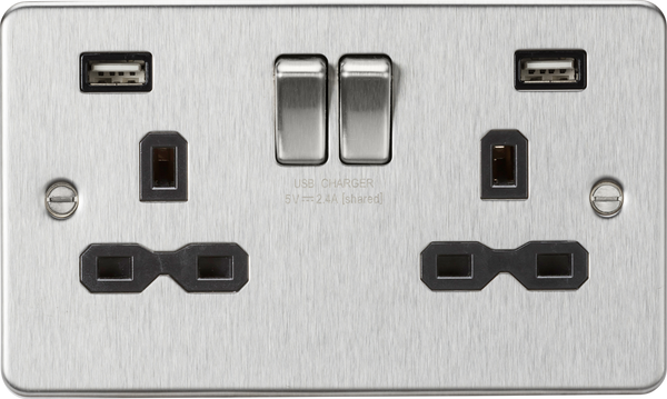 Knightsbridge MLA FPR9224BC 13A 2G switched socket with dual USB charger A + A (2.4A) - Brushed chrome with black insert