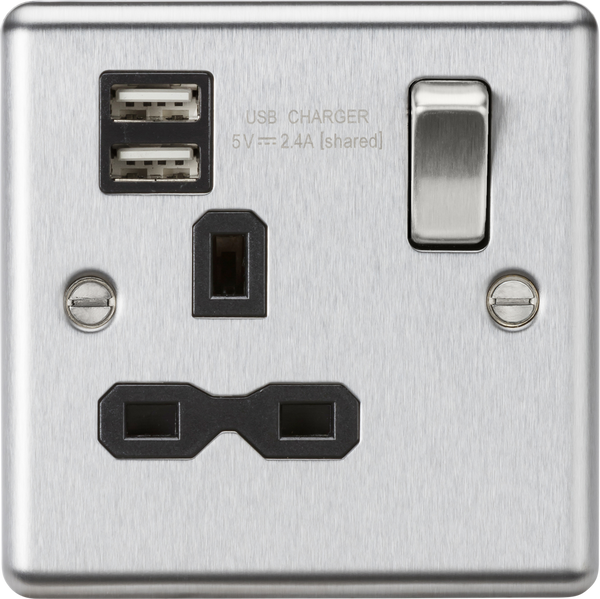 Knightsbridge MLA CL9124BC 13A 1G Switched Socket Dual USB Charger Slots with Black Insert - Rounded Edge Brushed Chrome