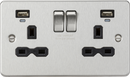 Knightsbridge MLA FPR9904NBC 13A 2G Switched Socket, dual USB charger (2.4A) with Indicators - Brushed Chrome with black insert