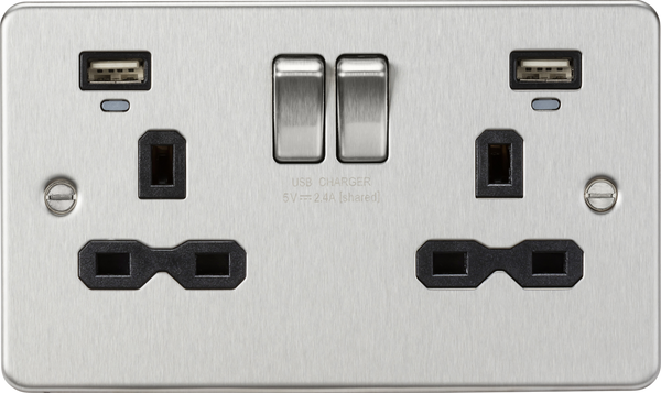 Knightsbridge MLA FPR9904NBC 13A 2G Switched Socket, dual USB charger (2.4A) with Indicators - Brushed Chrome with black insert