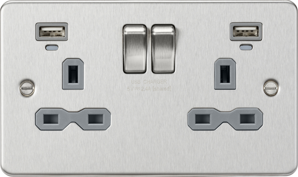 Knightsbridge MLA FPR9904NBCG Flat plate 13A 2G switched socket with USB chargers (2.4A) - Brushed Chrome with grey insert