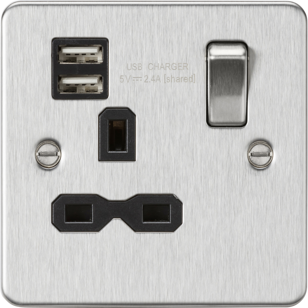 Knightsbridge MLA FPR9124BC Flat plate 13A 1G switched socket with dual USB charger (2.4A) - brushed chrome with black insert