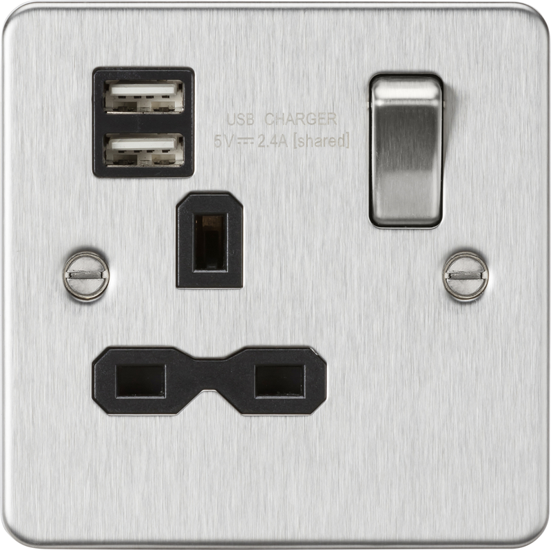 Knightsbridge MLA FPR9124BC Flat plate 13A 1G switched socket with dual USB charger (2.4A) - brushed chrome with black insert