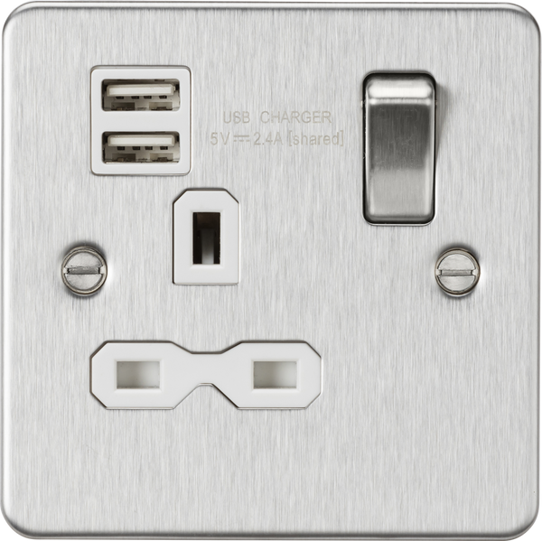 Knightsbridge MLA FPR9124BCW Flat plate 13A 1G switched socket with dual USB charger (2.4A) - brushed chrome with white insert