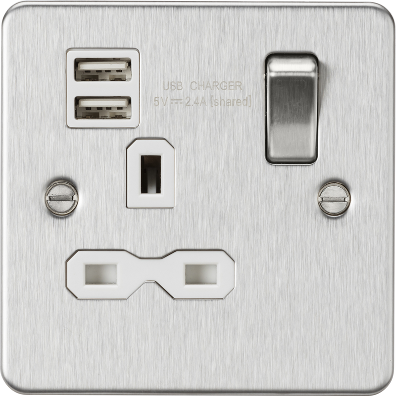 Knightsbridge MLA FPR9124BCW Flat plate 13A 1G switched socket with dual USB charger (2.4A) - brushed chrome with white insert