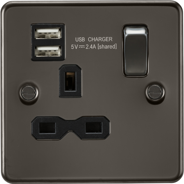 Knightsbridge MLA FPR9124GM Flat plate 13A 1G switched socket with dual USB charger (2.4A) - gunmetal with black insert