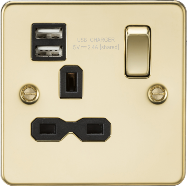Knightsbridge MLA FPR9124PB Flat plate 13A 1G switched socket with dual USB charger (2.4A) - polished brass with black insert