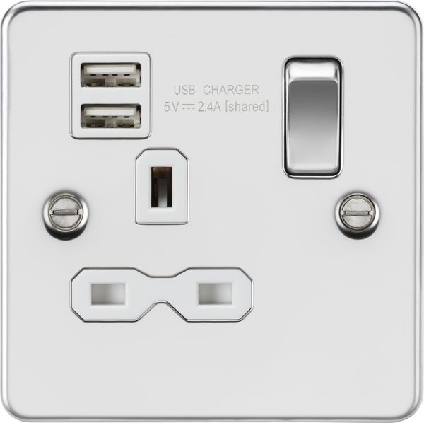 Knightsbridge MLA FPR9124PCW Flat plate 13A 1G switched socket with dual USB charger (2.4A) - polished chrome with white insert