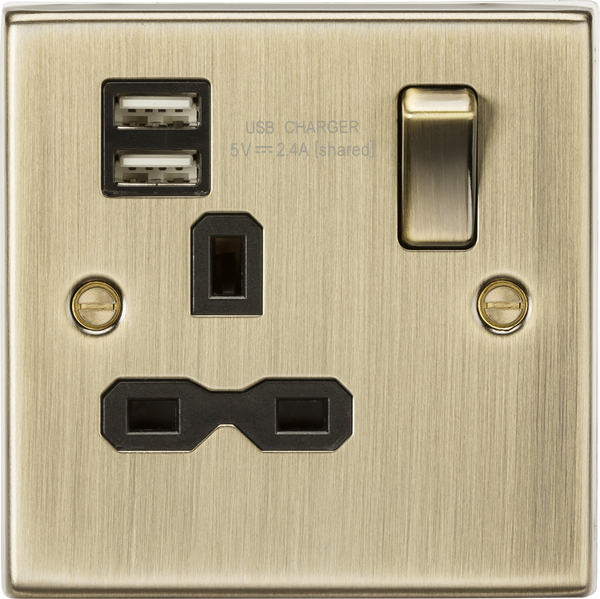 Knightsbridge MLA CS9124AB 13A 1G Switched Socket Dual USB Charger Slots with Black Insert - Square Edge Antique Brass