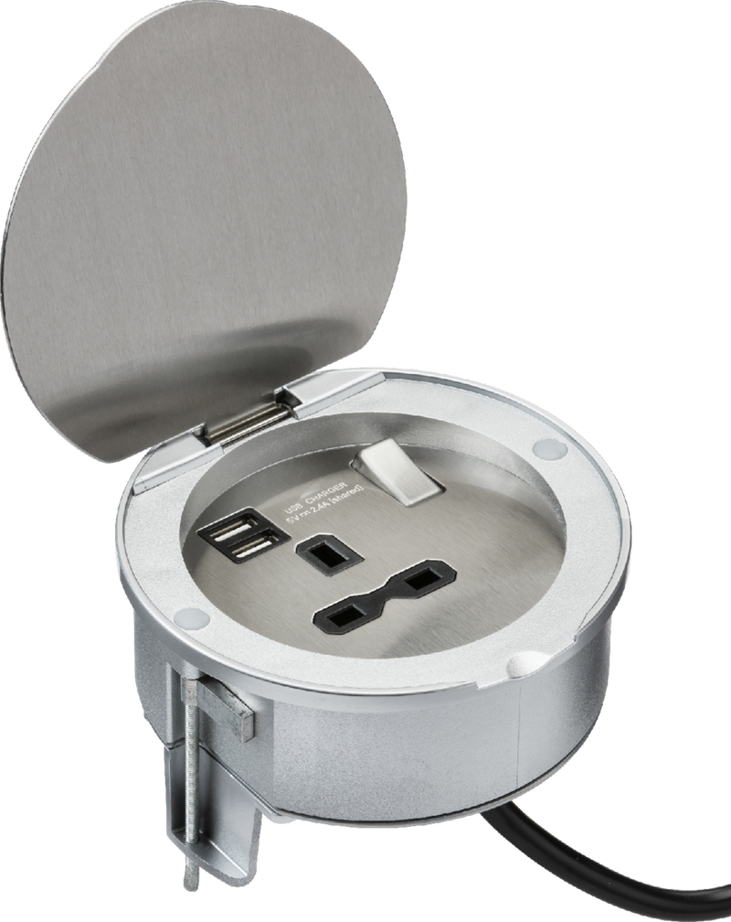 Knightsbridge MLA SKR003A 13A 1G Recess Switched Socket with Dual USB Charger (2.4A) - Stainless Steel with black insert