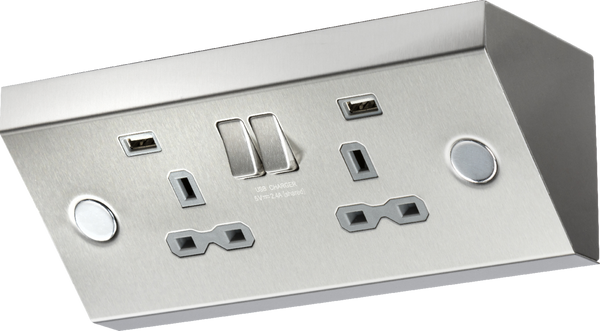 Knightsbridge MLA SKR009A 13A 2G Mounting Switched Socket with Dual USB Charger (2.4A) - Stainless Steel with grey insert