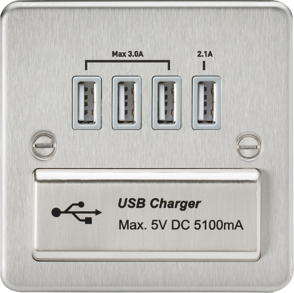 Knightsbridge MLA FPQUADBCG Flat Plate Quad USB charger outlet - Brushed chrome with grey insert