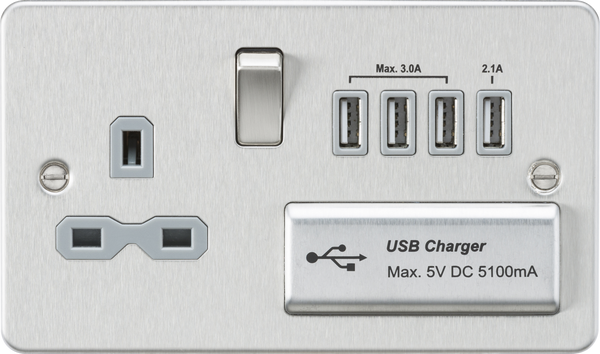 Knightsbridge MLA FPR7USB4BCG Flat plate 13A switched socket with quad USB charger - brushed chrome with grey insert