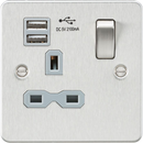 Knightsbridge MLA FPR9901BCG Flat plate 13A 1G switched socket with dual USB charger (2.1A) - brushed chrome with grey insert