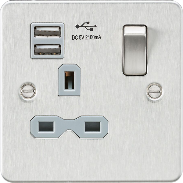 Knightsbridge MLA FPR9901BCG Flat plate 13A 1G switched socket with dual USB charger (2.1A) - brushed chrome with grey insert