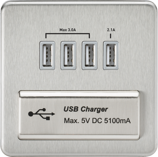 Knightsbridge MLA SFQUADBCG Screwless Quad USB Charger Outlet (5.1A) - Brushed Chrome with Grey Insert