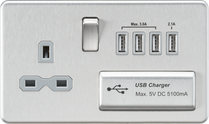 Knightsbridge MLA SFR7USB4BCG Screwless 13A switched socket with quad USB charger (5.1A) - brushed chrome with grey insert