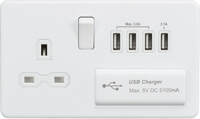 Knightsbridge MLA SFR7USB4MW Screwless 13A switched socket with quad USB charger (5.1A) - matt white