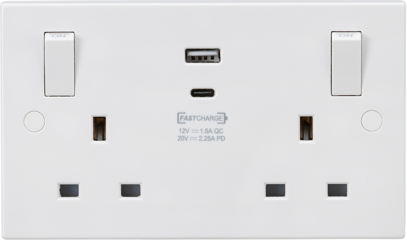 Knightsbridge MLA SN9003 13A 2G Switched socket with outboard rockers and dual USB (A+C) QC18W / USB-PD 45W