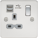 Knightsbridge MLA FPR9901PCG Flat plate 13A 1G switched socket with dual USB charger (2.1A) - polished chrome with grey insert