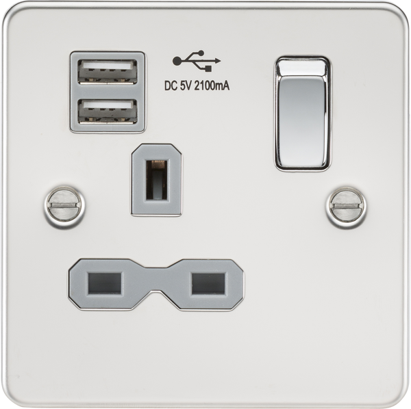 Knightsbridge MLA FPR9901PCG Flat plate 13A 1G switched socket with dual USB charger (2.1A) - polished chrome with grey insert