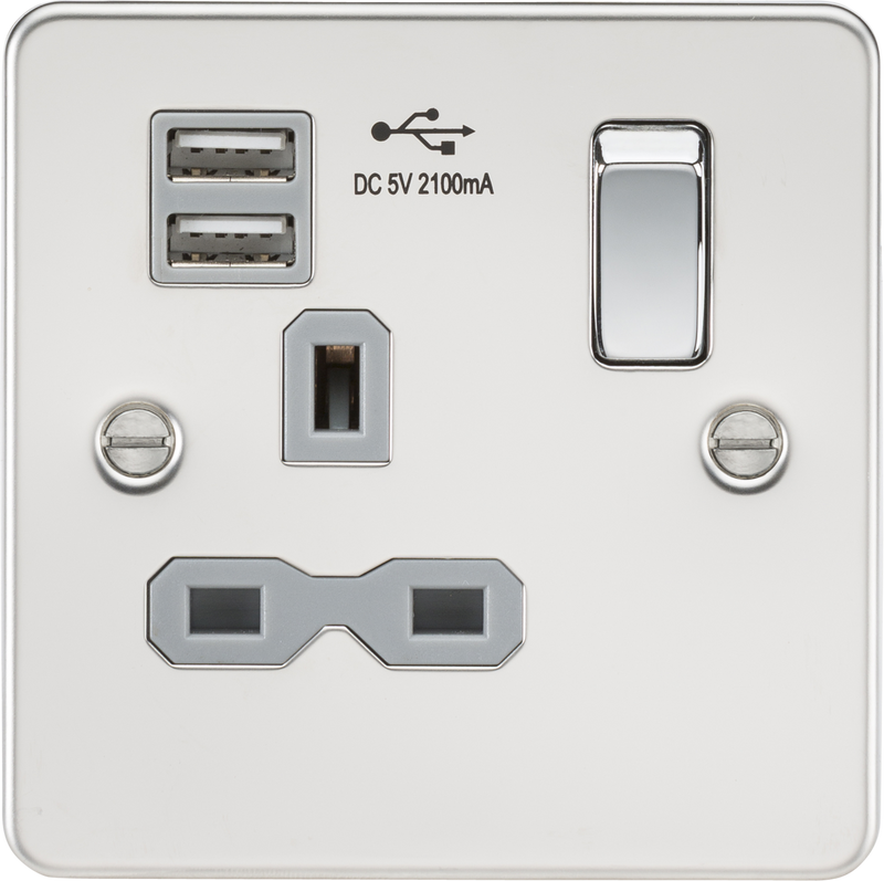 Knightsbridge MLA FPR9901PCG Flat plate 13A 1G switched socket with dual USB charger (2.1A) - polished chrome with grey insert
