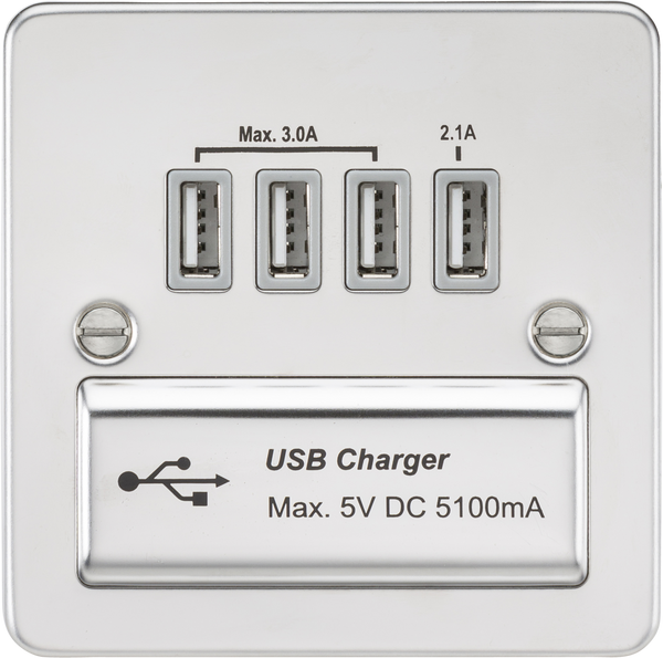 Knightsbridge MLA FPQUADPCG Flat plate Quad USB charger outlet - Polished chrome with grey insert