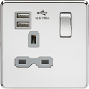 Knightsbridge MLA SFR9901PCG Screwless 13A 1G switched socket with dual USB charger (2.1A) - polished chrome with grey insert