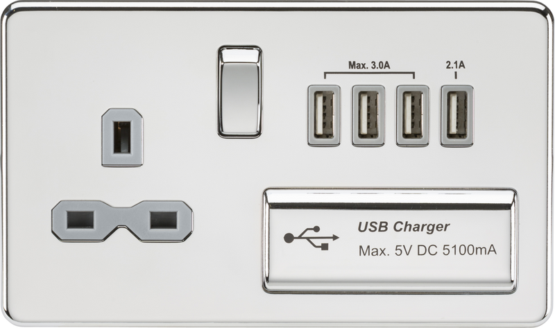 Knightsbridge MLA SFR7USB4PCG Screwless 13A switched socket with quad USB charger (5.1A) - polished chrome with grey insert