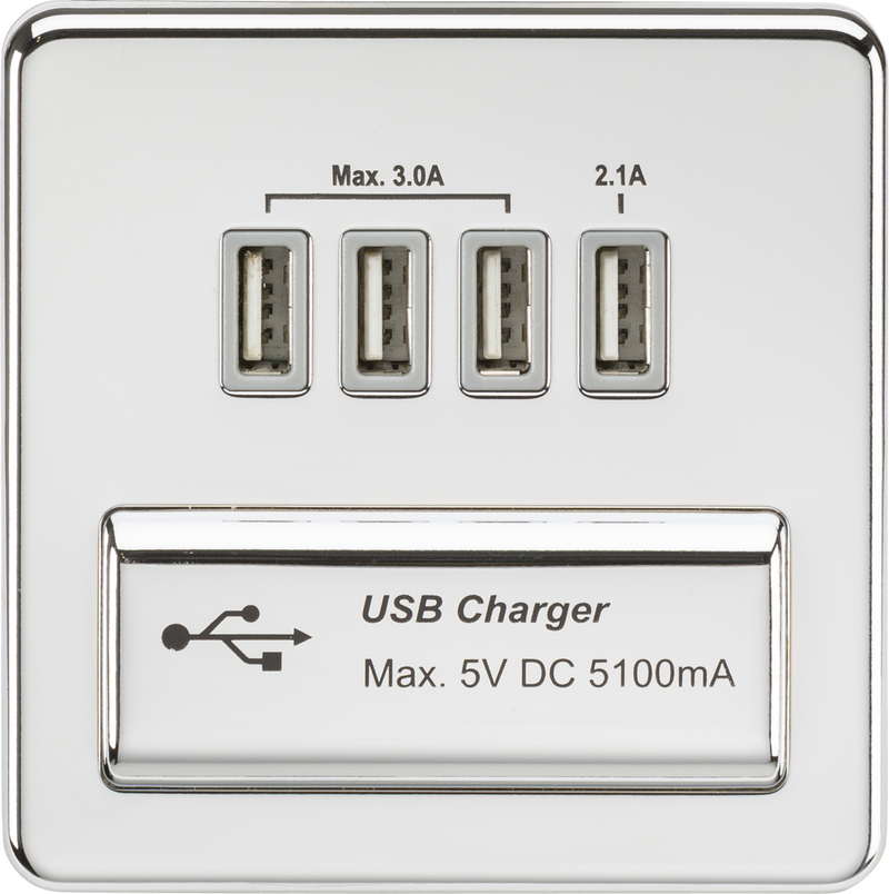 Knightsbridge MLA SFQUADPCG Screwless Quad USB charger Outlet (5.1A) - Polished chrome with grey insert