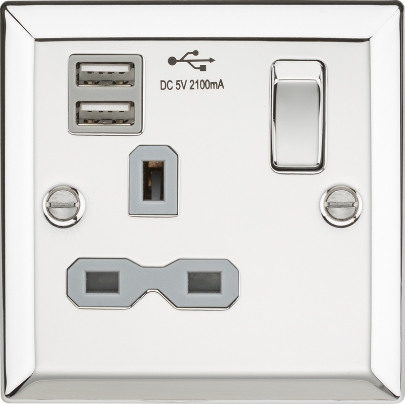 Knightsbridge MLA CV91PCG 13A 1G Switched Socket Dual USB Charger Slots with Grey Insert - Bevelled Edge Polished Chrome