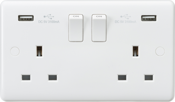 Knightsbridge MLA CU9904 Curved Edge 13A 2G Switched Socket with Dual USB Charger (5V DC 3.1A shared)