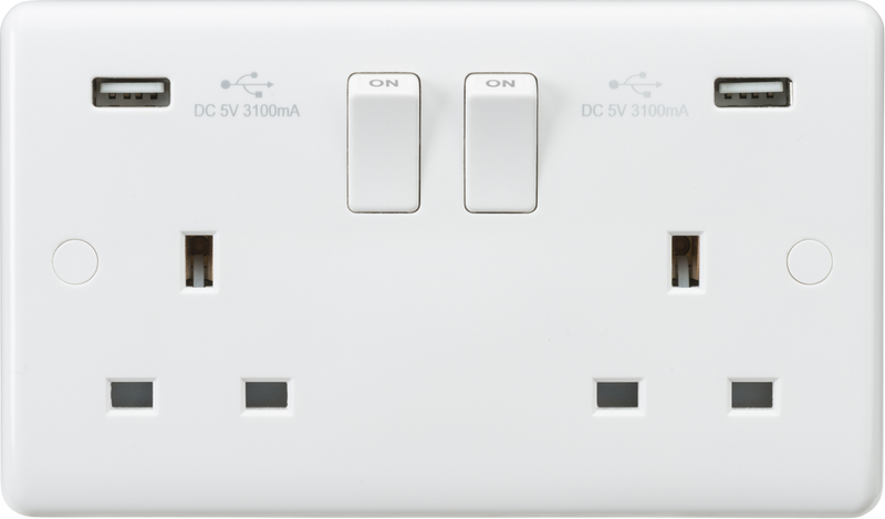 Knightsbridge MLA CU9904 Curved Edge 13A 2G Switched Socket with Dual USB Charger (5V DC 3.1A shared)