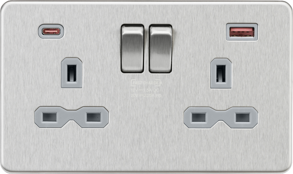 Knightsbridge MLA SFR9945BCG 13A 2G DP Switched Socket with Dual USB A+C [45W FASTCHARGE] - Brushed Chrome with grey insert