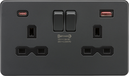 Knightsbridge MLA Screwless SFR9945AT 13A 2G DP Switched Socket with Dual USB A+C {45W FASTCHARGE] - Anthracite