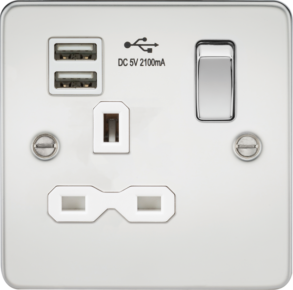 Knightsbridge MLA FPR9901PCW Flat plate 13A 1G switched socket with dual USB charger (2.1A) - polished chrome with white insert