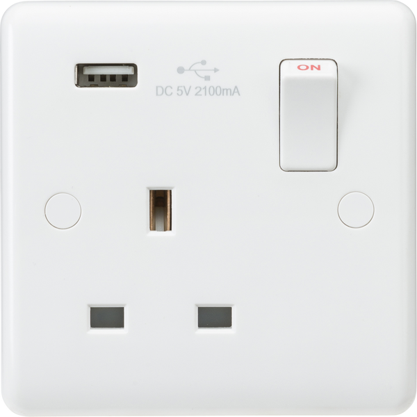 Knightsbridge MLA CU9903 Curved Edge 13A 1G Switched Socket with USB Charger (5V DC 2.1A)