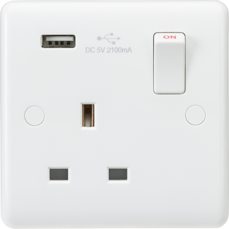 Knightsbridge MLA CU9903 Curved Edge 13A 1G Switched Socket with USB Charger (5V DC 2.1A)