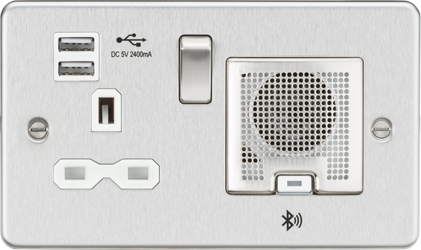 Knightsbridge MLA FPR9905BCW Flat Plate 13A socket, USB chargers (2.4A) and Bluetooth Speaker - Brushed chrome with white insert