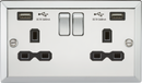 Knightsbridge MLA CV9224PC 13A 2G Switched Socket Dual USB Charger (2.4A) with Black Insert - Bevelled Edge Polished Chrome