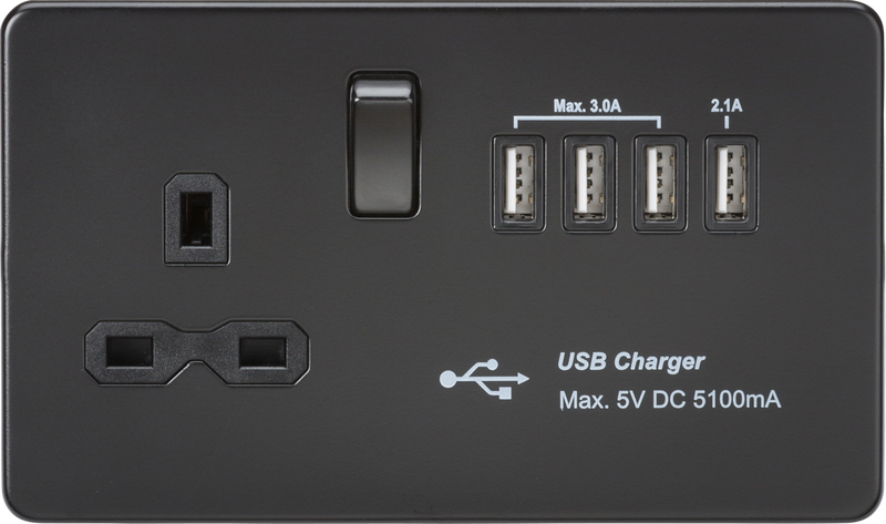 Knightsbridge MLA SFR7USB4MBB Screwless 13A switched socket with quad USB charger (5.1A) - Matt Black