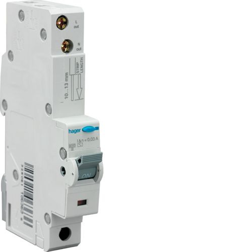 Hager ADC445U (direct replacement of ADA195U) 45A, 1-Pole, 10kA C-Curve, Type A RCBO