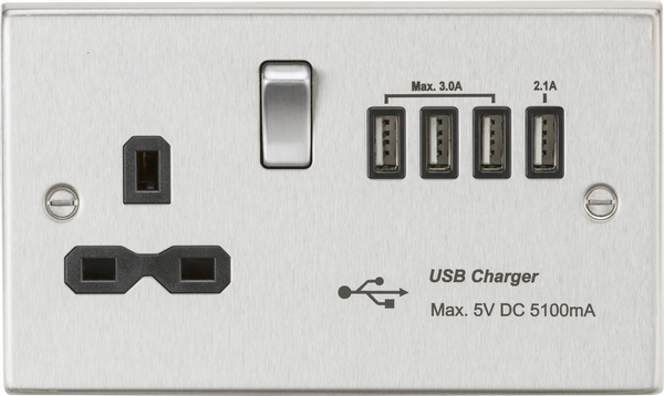 Knightsbridge MLA CS7USB4BC 13A switched socket with quad USB charger (5.1A) - brushed chrome with black insert