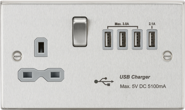 Knightsbridge MLA CS7USB4BCG 13A switched socket with quad USB charger (5.1A) - brushed chrome with grey insert