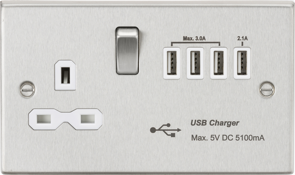 Knightsbridge MLA CS7USB4BCW 13A switched socket with quad USB charger (5.1A) - brushed chrome with white insert