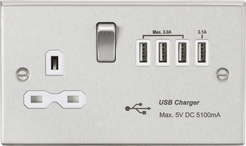 Knightsbridge MLA CS7USB4BCW 13A switched socket with quad USB charger (5.1A) - brushed chrome with white insert