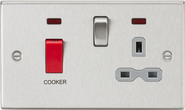 Knightsbridge MLA CS83BCG 45A DP Cooker Switch & 13A Switched Socket with Neons & Grey Insert - Square Edge Brushed Chrome