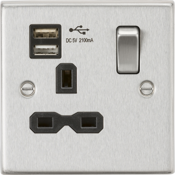 Knightsbridge MLA CS91BC 13A 1G Switched Socket Dual USB Charger (2.1A) with Black Insert - Square Edge Brushed Chrome