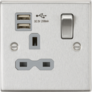 Knightsbridge MLA CS91BCG 13A 1G Switched Socket Dual USB Charger (2.1A) with Grey Insert - Square Edge Brushed Chrome